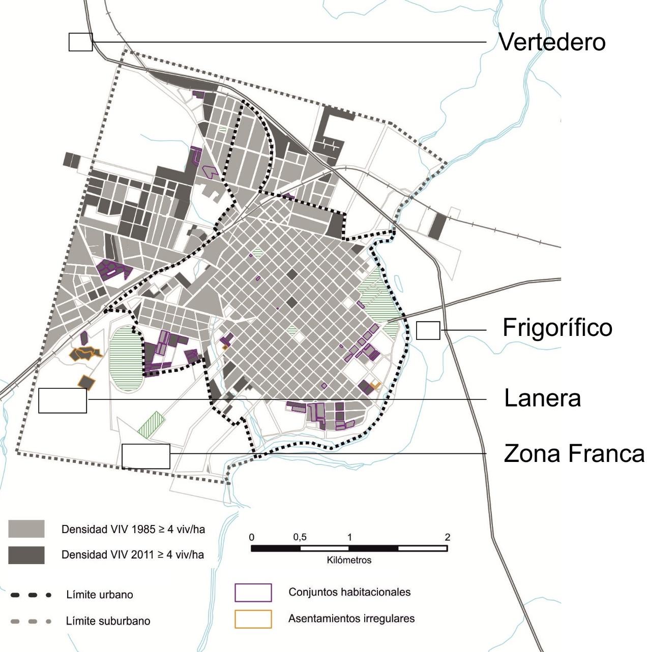 Expansión urbana 1985-2011 y principales estructuradores no habitacionales
de la periferia.