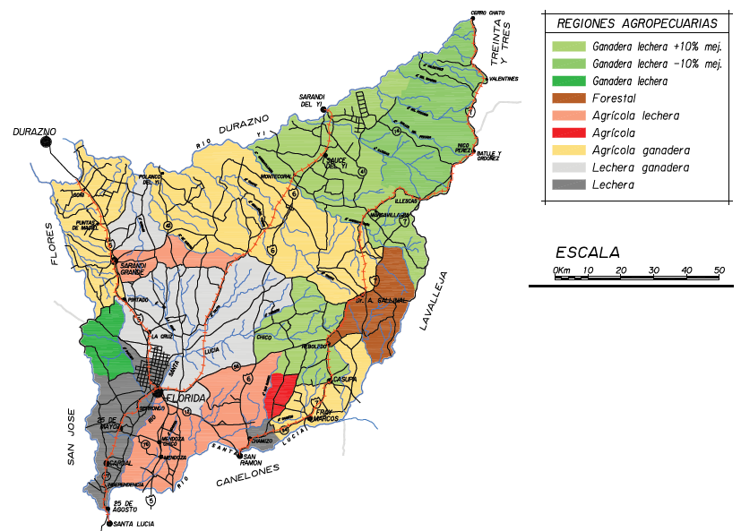 Regiones de especialización productiva según Ministerio
de Ganadería, Agricultura y Pesca para el departamento de Florida (censo
agropecuario 2010).