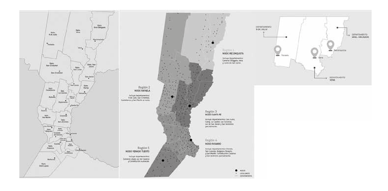 Regionalización jurídico–política de la provincia de Santa Fe (izquierda), regionalización de Santa Fe según el plan estratégico 2008–2012 (centro) y regionalización del norte de Santa Fe según Plan del Norte 2017 (derecha).