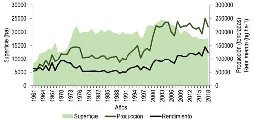 Superficie, producción y rendimiento
anual de duraznos y nectarinas en Brasil