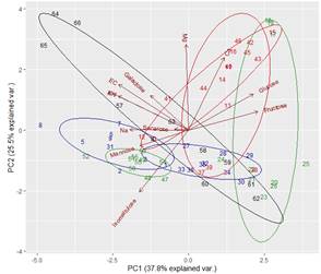 PCA of 7 groups of Honeys, number
samples are: red (east), green (north), blue (south) and black (west)