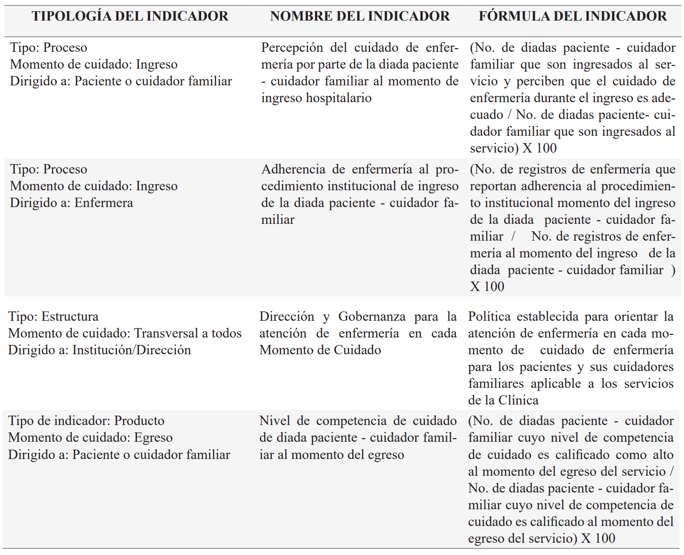 Indicadores de cuidado de enfermería según tipología y momentos de cuidado que describe
                el modelo de práctica profesional