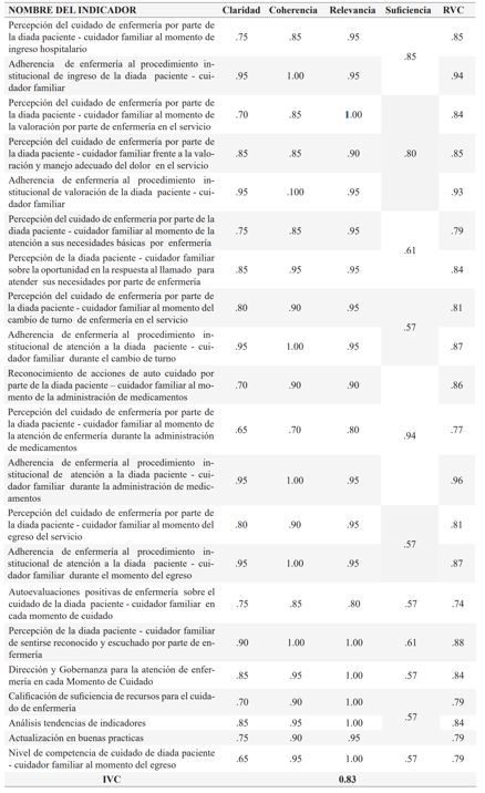 Nivel de validez facial y de contenido de los indicadores de cuidado de enfermería