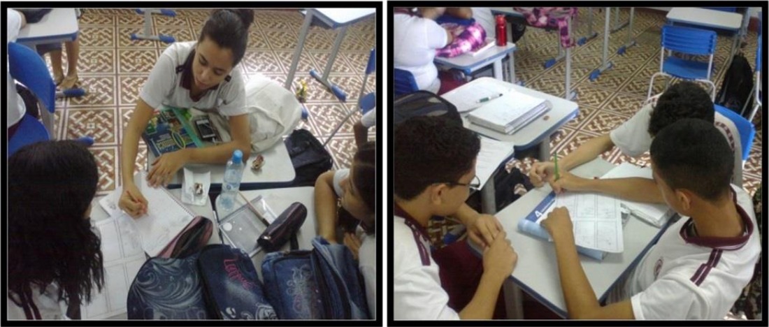 Alunos em sala de aula confeccionando as historinhas em quadrinhos
