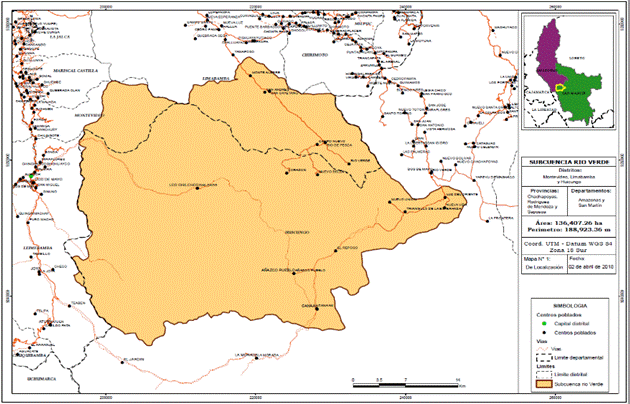 Ubicación de la subcuenca del Rio Verde,
cuenca del rio Huayabamba, en los departamentos de Amazonas y San Martín