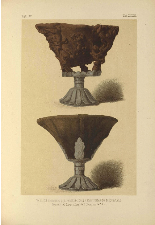“Vasos de unicornio que
pertenecieron a fray Tomás de Torquemada”, en Francisco Aznar, Indumentaria
española: documentos para su estudio, desde la época visigoda hasta nuestros
días, Madrid [s.n.], 1881, lámina 32.