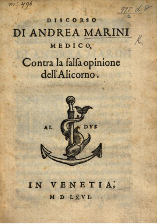 Portada de un impreso italiano
(1566) contra el uso del cuerno de unicornio en medicina.