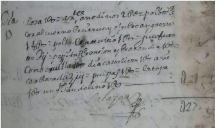 “Libro de resultas desde hoy día 28
de julio de 1722” de la Botica Veracruz del Hospital Real. El polvo de ciervo
aparece entre los “polbos de coral y de cangrejos”.