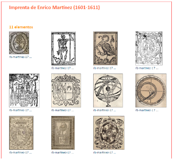Captura de los 11 registros de la
imprenta de Enrico Martínez (1601-1611) en el Repositorio “Biblioiconografía
mexicana de los siglos XVI y XVII”.