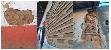(Leer de izquierda a derecha) Muestra de adobe en el barrio de Sutiava, León. Taquezal expuesto en vivienda del barrio San Felipe, León. Albardeado o bahareque en el área de transición del Centro Histórico de Granada. 