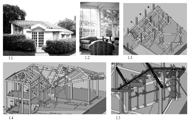  Proyecto
arquitectónico ubicado en Nocaima, Cundinamarca (Colombia). Se tuvieron en cuenta las condiciones normativas de la Alcaldía, la norma antisísmica de
Colombia NSR-10 y todas las normas constructivas colombianas. El numeral 1.1 muestra el proyecto arquitectónico existente desde el exterior, el numeral 1.2 muestra el proyecto existente desde el interior.
El numeral 1.3 muestra el sistema de cimentación. El numeral 1.4 muestra la estructura aporticada en concreto. El numeral 1.5 muestra el sistema de encofrado para fundir el concreto.