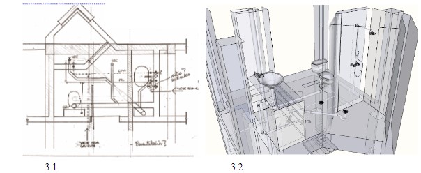 Fases del ejercicio desarrollado en el grupo gestor. La imagen
de la izquierda (3.1) representa el plano bidimensional elaborado por un estudiante del grupo testigo, a la derecha (3.2) la simulación tridimensional del ejercicio realizada por un estudiante del grupo gestor, donde se muestra parte del proceso constructivo, como se observa es muy difícil definir y entender tanto detalle observando solo la imagen de la izquierda.