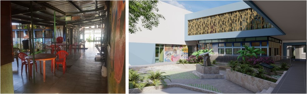 Zona de acceso principal del centro cultural, antes y después