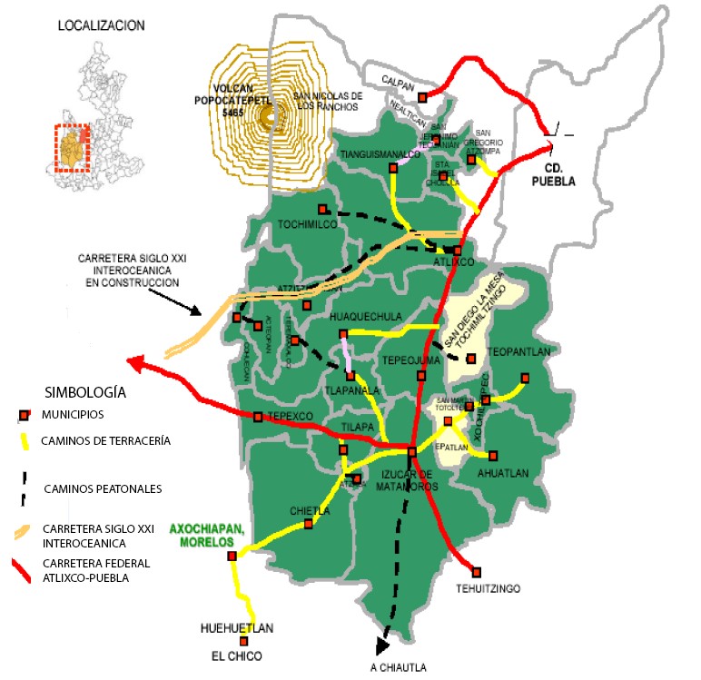 Municipios vecinos de Tochimilco y el volcán