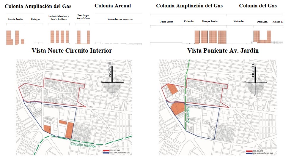 Vistas con relación a las alturas en el Circuito
Interior y la Avenida Jardín en las colonias Del Gas, Ampliación del Gas y
Arenal.