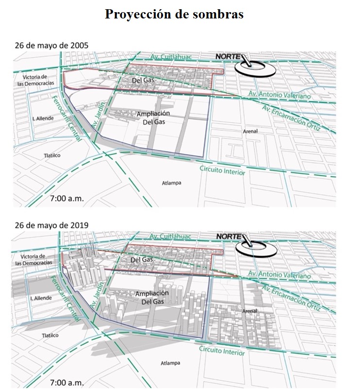 Proyecciones de
sombras a las 7:00 a.m. en el contexto urbano de las colonias Del Gas y
Ampliación del Gas 2005 y 2019