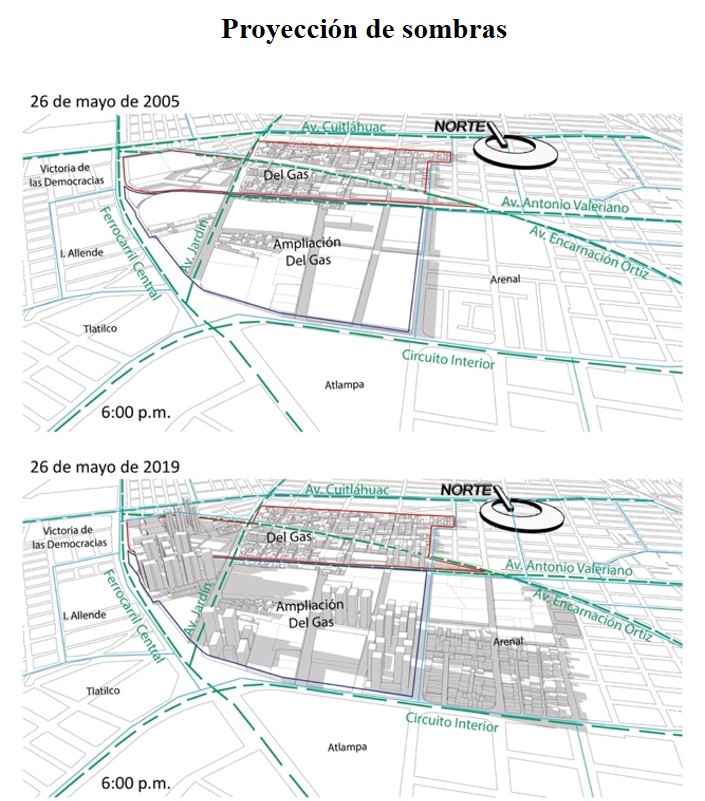 Proyecciones de sombras a las 6:00 p.m. en el contexto
urbano de las colonias Del Gas y Ampliación del Gas 2005 y 2019