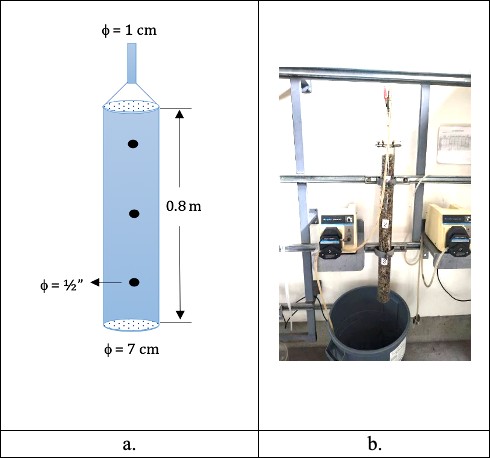 Filtro percolador. a) Dimensiones. b) Reactor en el laboratorio