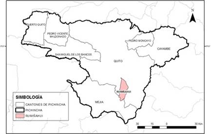 Mapas de la provincia y cantón. A.
Imagen de la provincia de Pichincha en el mapa de Ecuador. B. Imagen del cantón
Rumiñahui en el mapa de la provincia.