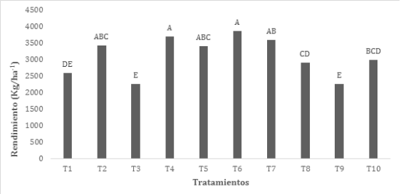 Rendimiento en quinua (Chenopodium quinoa Willd.) var. Salcedo INIA, con aplicaciones de Trichoderma sp. end&oacute;fito y Microorganismos Eficaces (EM-1). Letras distintas may&uacute;sculas en la misma columna difieren entre s&iacute; por la prueba de Duncan p<0,01.