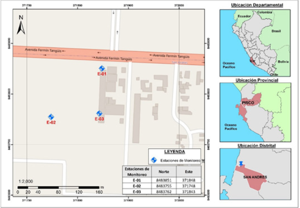 CLocalización de los puntos de monitoreo en
el proceso de recirculación del agua residual industrial - Cercado de la
Provincia de Pisco, donde se localizaron los puntos para el monitoreo: E-01,
E-02 y E-03