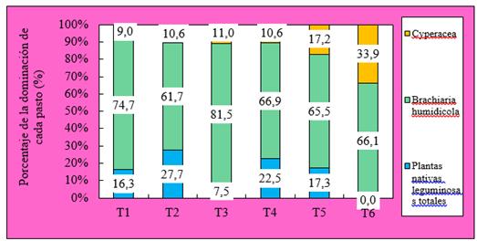 Proporci&oacute;n de Cyperacea Brachiaria humidicola y plantas leguminosas totales en cada tratamiento