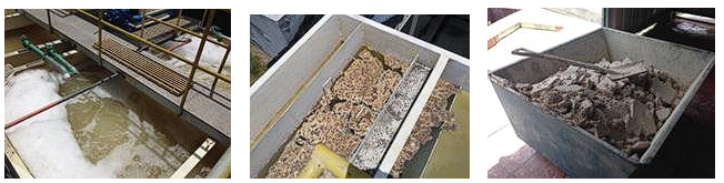 A. Vista interna
de los biodigestores; B. Formación de lodos por acción de bacterias; C.
Residuos sólidos finales, mezcla de lodos de grasa con cal después del proceso
de prensado.