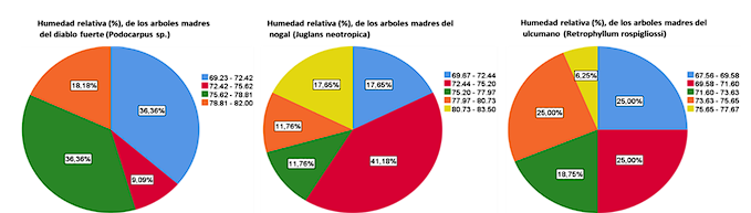 Humedad relativa (%) de su hábitat de las plantas madre del diablo fuerte (Podocarpus sp.), nogal (Juglans neotropica) y del ulcumano (Retrophyllum rospigliosii).