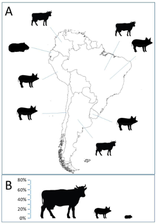 Origen geográfico de los artículos incluidos en la presente revisión; B)
Representación porcentual de los artículos incluidos en función del tipo de
animal estudiado