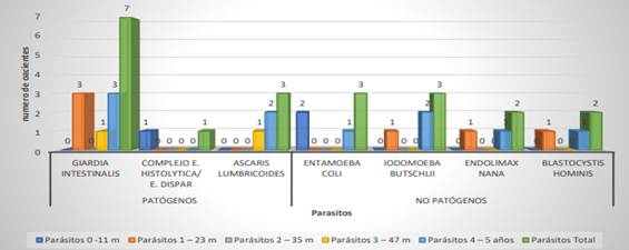 Enteropar&aacute;sitos seg&uacute;n edades encontrados en ni&ntilde;os menores de 5 a&ntilde;os de la
comunidad de Villa Trinidad durante el tercer trimestre del 2019