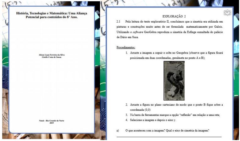 Capa e
parte produto educacional intitulado História,
Tecnologias e Matemática: Uma Aliança Potencial para conteúdos do 8° Ano