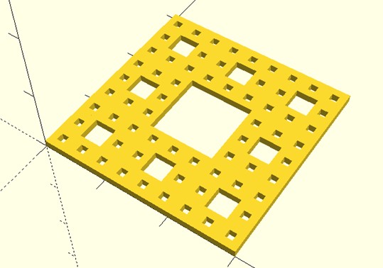 Modelo da terceira etapa do Tapete de Sierpinski -
OpenSCAD.