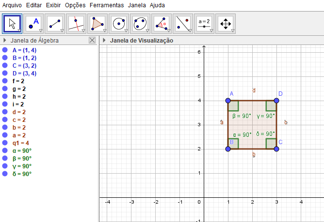 Quadrilátero
construído na malha quadriculada do GeoGebra.