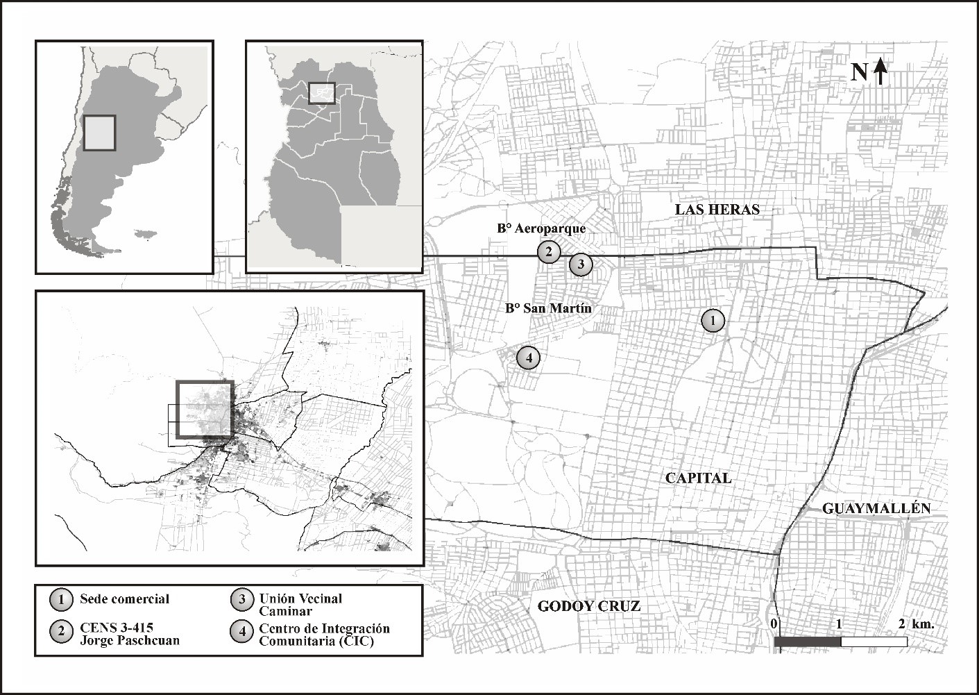 Figura I. 

Mapa de las unidades productivas de
la Asociaci&oacute;n El Arca. &Aacute;rea Metropolitana de Mendoza. Provincia de Mendoza,
Argentina.
