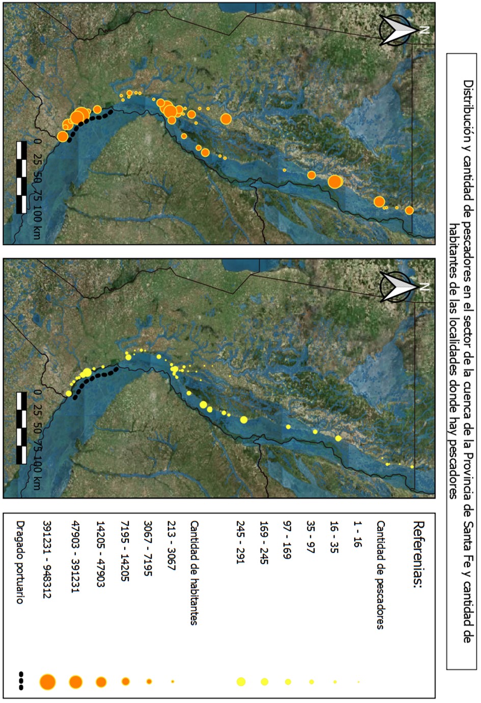 Distribuci&oacute;n y cantidad de pescadores y habitantes en las mismas localidades