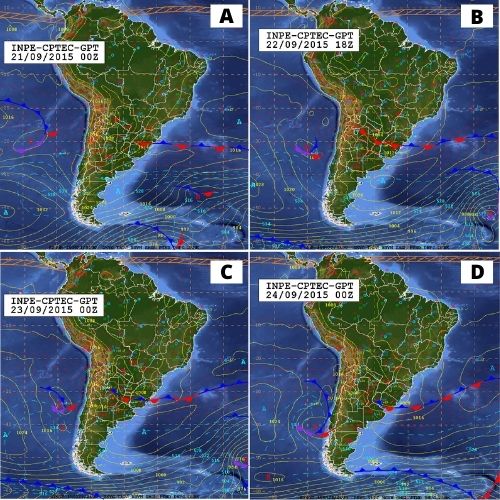 Carta
sinótica de 21/09/2015 (A); 22/09/2015 (B); 23/09/2015 (C) e 24/09/2015 (D)