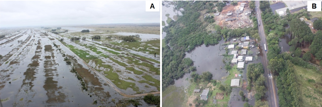 A- Trecho
de estrada tomada pelas águas e campos de pastagens prejudicados pelo excesso
de água acumulada no período na localidade do Corredor dos Pinheiros. B-
Residências prejudicadas pelo excesso de água acumulada no período na
localidade da Vila da Quinta. (Estrada Rio Grande - Santa Vitória do Palmar –
BR 471)