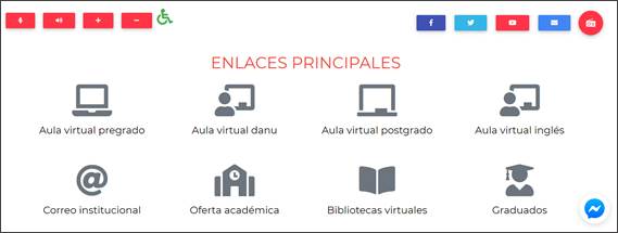 Sección de accesibilidad, redes
sociales y enlaces importantes de la web ULEAM