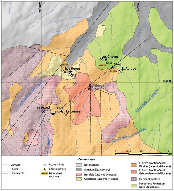 Geological map of the El Cerro Frontino stock with the main mineralized structures relating to this study