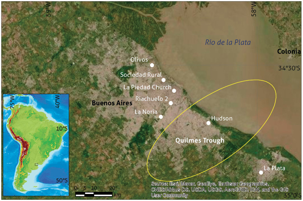 Estimated location of the possible aquifers in the FQ underneath the traditional Puelches and Pampeano aquifers in the metropolitan area of Buenos Aires