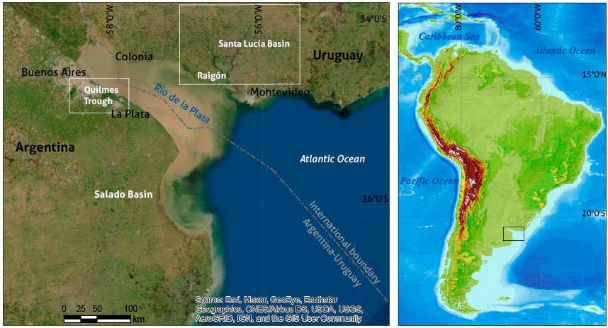 Regional location of the study sector on a satellite image of the La Plata River (left) and on a map of South America (right)