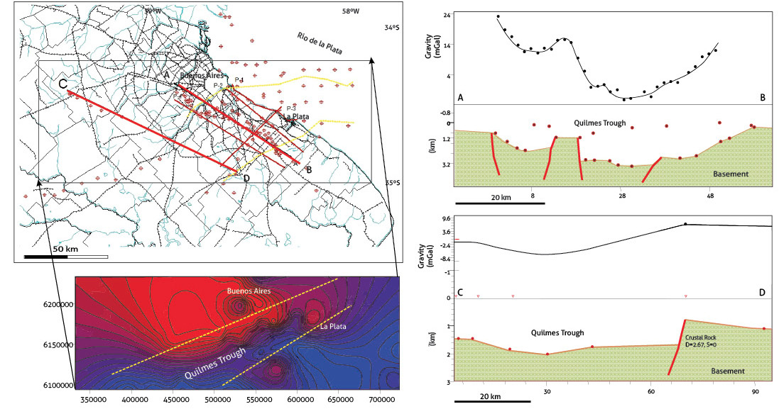 Bouguer anomaly map of the province of Buenos Aires and gravity cross-sections obtained using data from the Military Geographic Institute (Instituto Geográfico Militar – IGM) collected on the Buenos Aires shore of the La Plata River and from the GM-SYS model