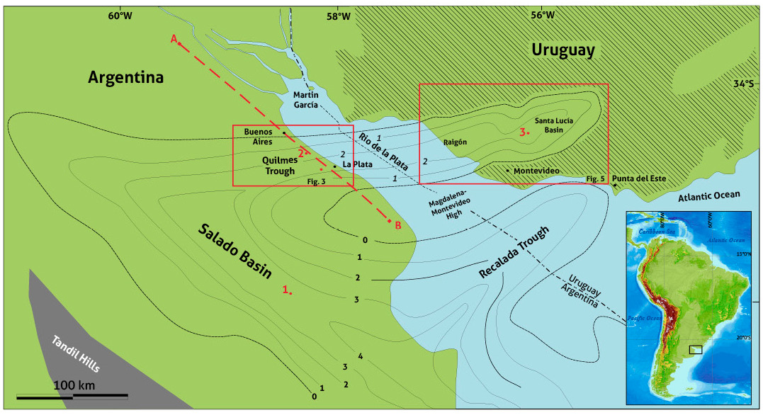 Schematic isopach map of Meso-Cenozoic sedimentary records showing the location of the FQ and the Recalada trough and their relationships with the Salado and Santa Lucía basins