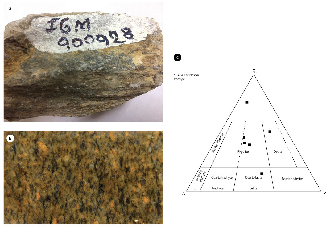 Macroscopic aspect of rocks of the Onzaga Metarhyolite and modal classification