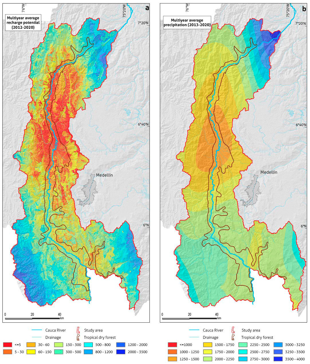 Spatial distribution of the average annual direct potential recharge in the study area between 2013 and 2020 and its spatial relationship with the average annual precipitation for the same period, units in mm/y
