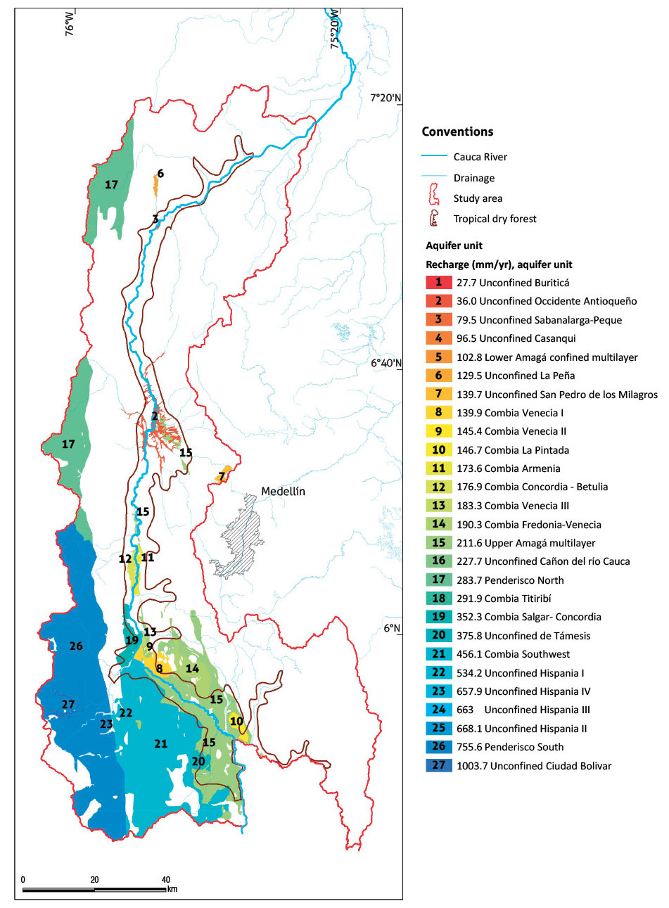 Spatial distribution of the average annual direct potential recharge (2013-2020) by hydrogeological unit in the study area