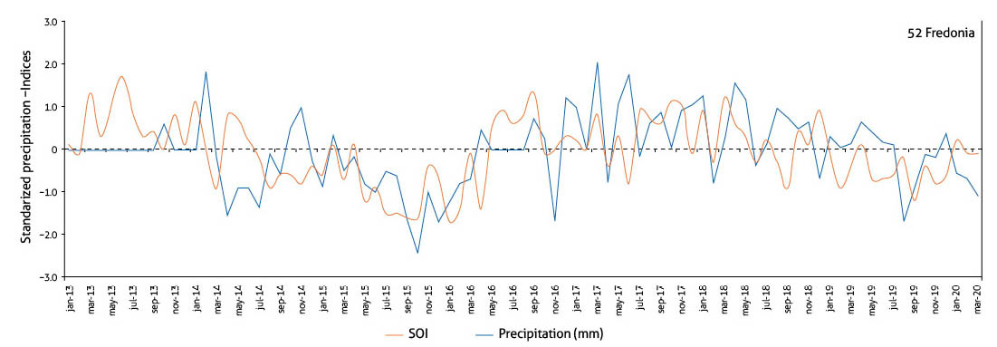Standardized monthly precipitation at one of the stations in the study area (Station 52, Fredonia of Piragua) and its graphic temporal correlation with the occurrence of the ENSO phenomenon from the monthly series of the Southern Oscillation Index (SOI)