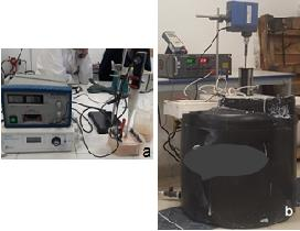 (a) Prueba de laboratorio: 100 ml solución y 30 gramos de arcilla y b) Escalamiento de prueba electroquímica 230 lt de solución y 30.6 kg de arcilla.