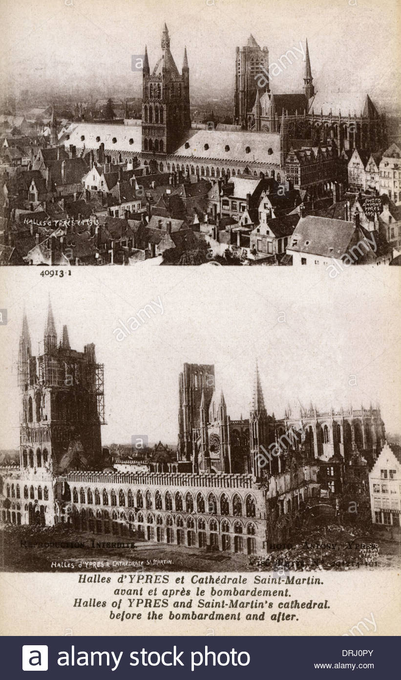Catedral de Ypres y
San Martín, antes y después del bombardeo. Fuente: (Chronicle, 1914)