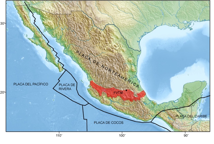 Mapa del territorio mexicano mostrando los principales elementos tectónicos En rojo se muestra la ubicación de la Faja Volcánica Trans Mexicana El rectángulo en negro muestra la ubicación del Municipio de Mineral de la Reforma